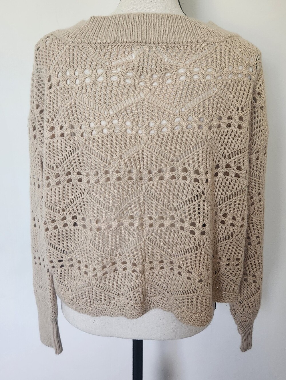 Absolutely Boutique Open Knit Sweater Neutral Beige Crochet Pullover Beachy M - Picture 5 of 13